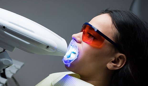 Woman receiving teeth whitening treatment